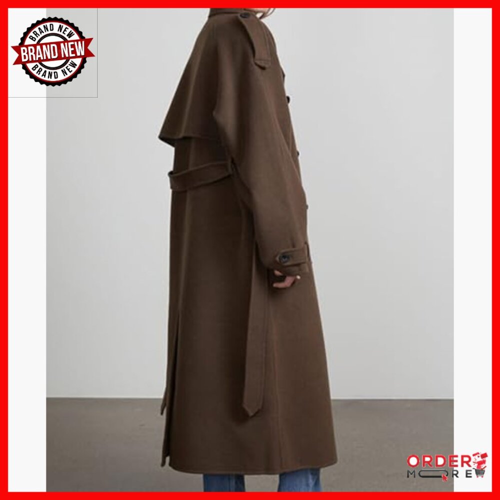 Women's Winter Peacoat Trench Coat Double Breasted Belted Long Sleeve - Picture 5 of 6